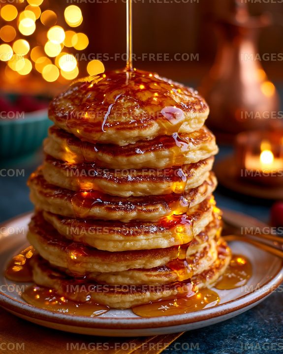 Golden pancake stack drizzled with maple syrup