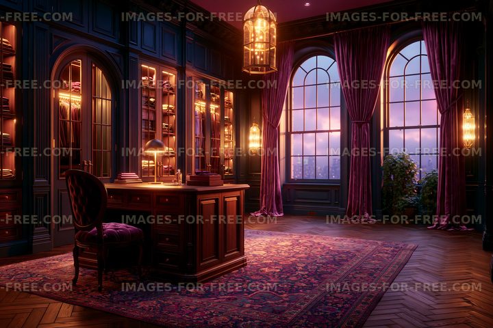 Luxurious dressing room interior with arched windows