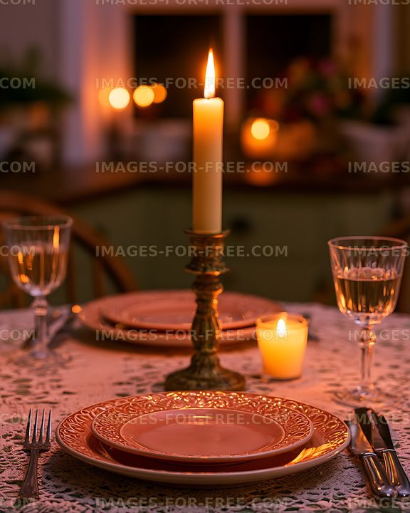 Warm candlelit table setting for dinner