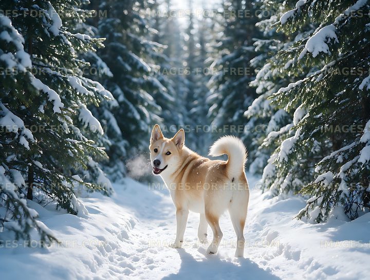Distinctive dog in a sunlit snowy woodland