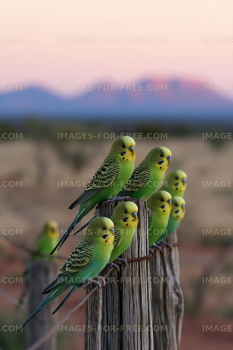 Green budgerigar flock resting on weathered fence posts