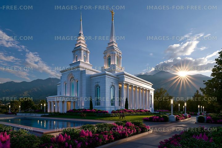 Elegant white temple surrounded by gardens and mountains