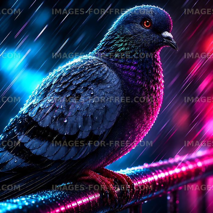 Bird on a wet railing with colorful light background