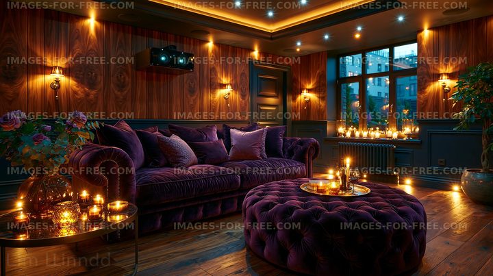 Elegant candlelit living room with velvet furnishings