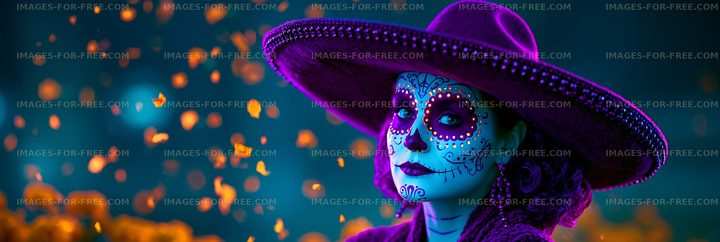 Portrait of a woman with decorative skull makeup and sombrero