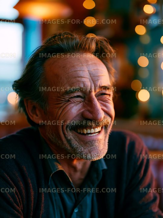 Man smiling in a warm cafe setting with lights in the background
