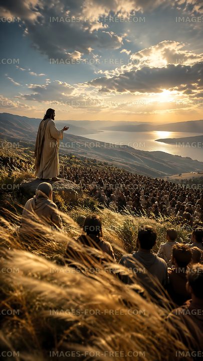 Man speaking to large crowd on hillside during sunset