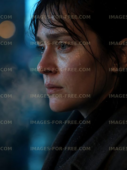Woman with wet hair and serious expression in urban setting