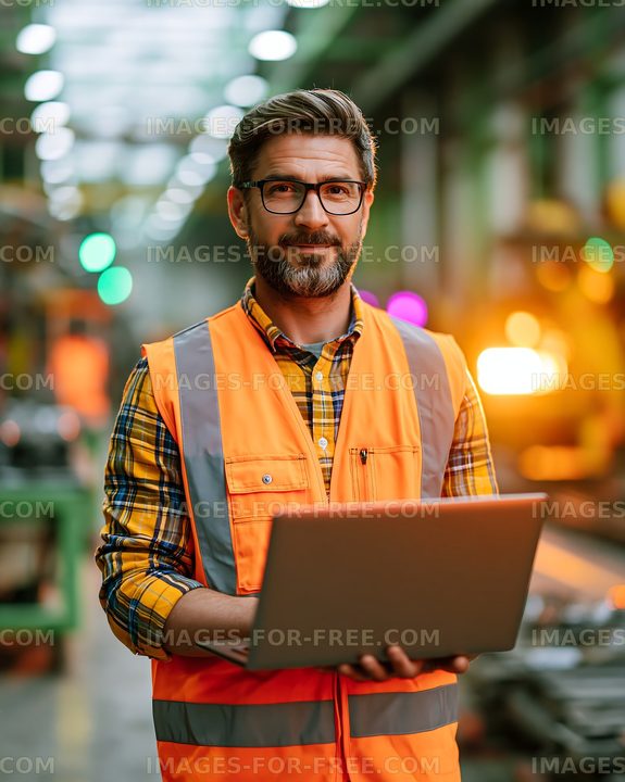 Worker in safety vest holds laptop in industrial setting