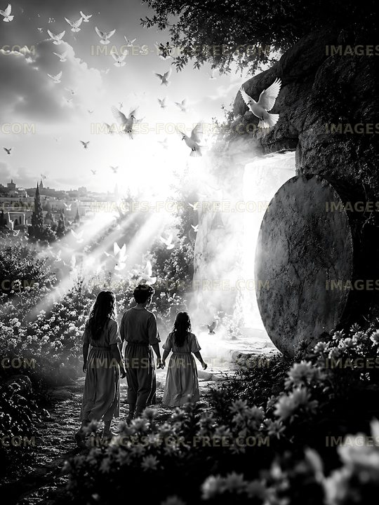 Children walking towards a light-filled entrance surrounded by doves