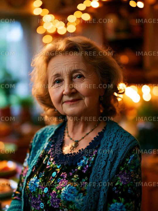 Portrait of elderly woman in cozy kitchen with warm lights
