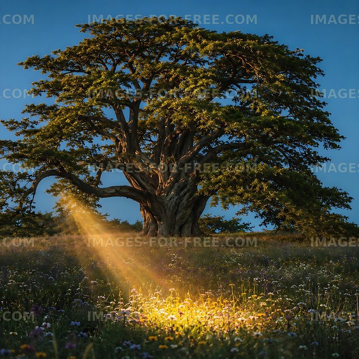 Sunlight shining through branches of a large tree in a field
