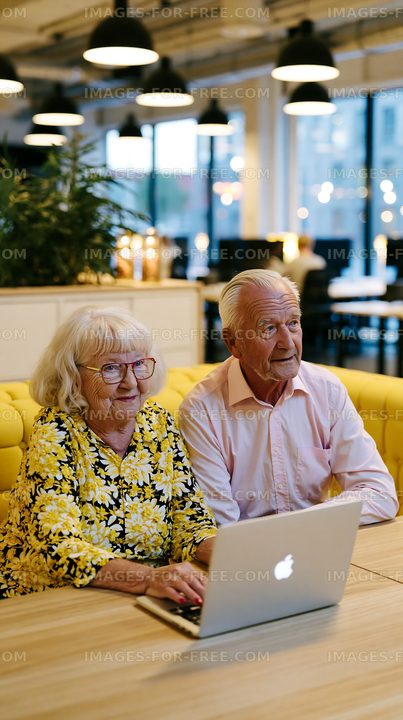 Elderly couple using laptop in modern office setting
