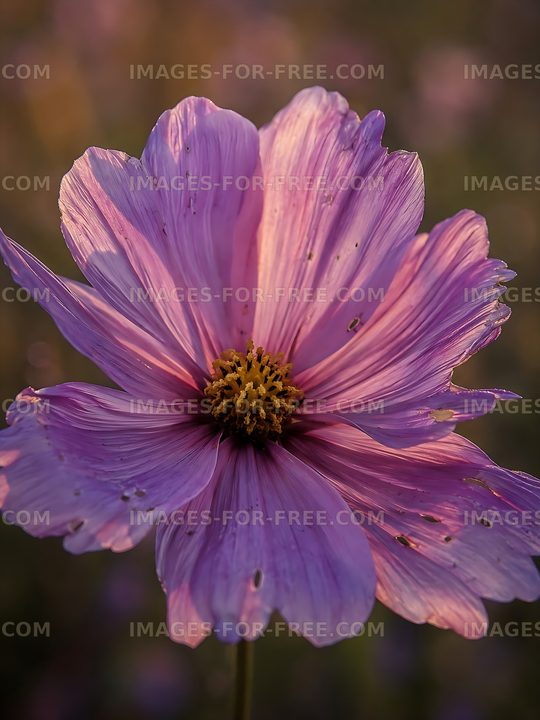 Close-up of a pink flower with damaged petals in a field