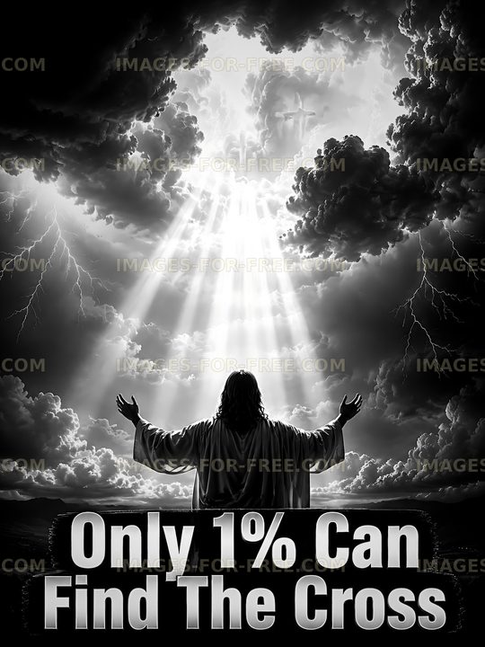 Light breaks through clouds above figure with arms raised