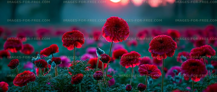 Vibrant flowers bloom at sunset in a colorful field