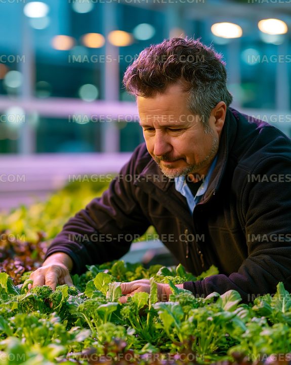 Man working in a greenhouse cultivating green lettuce