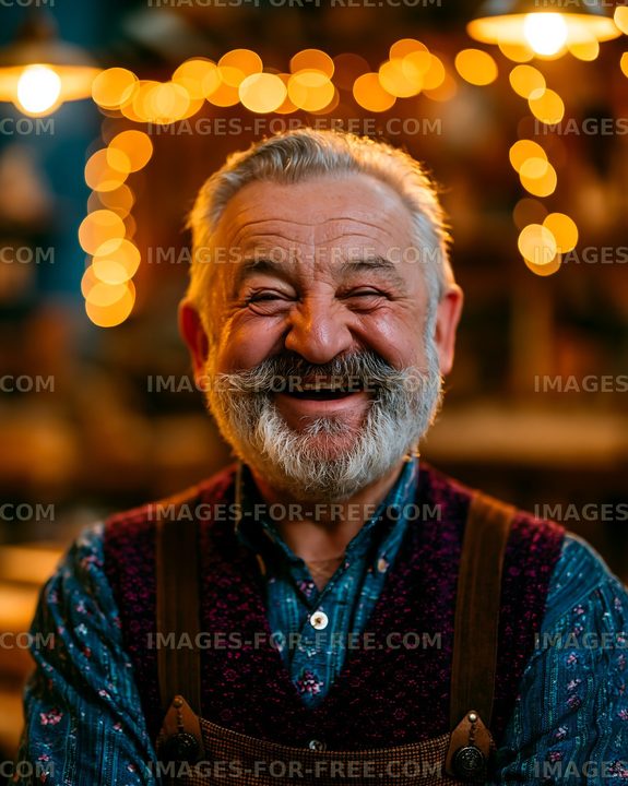 Smiling elderly man in workshop with warm light backdrop