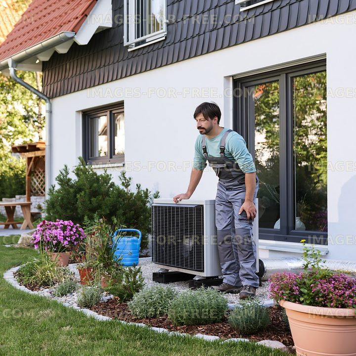 Man installing air conditioning unit outside residential home