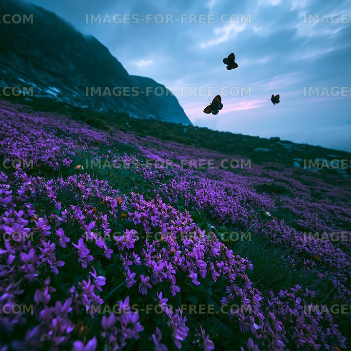 Butterflies flying over purple flowers on a mountain slope