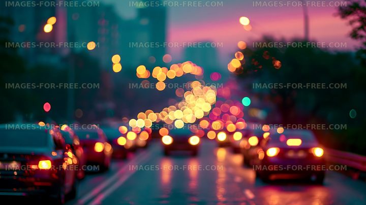 City traffic at dusk with blurred lights and vehicles