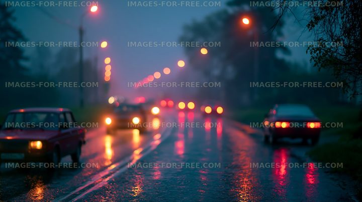 Rainy night with traffic on the road