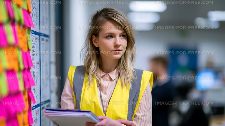 Young woman in yellow vest observing bulletin board with notes