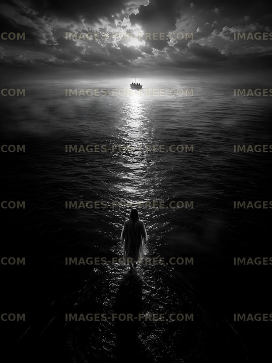 Figure walking on water towards distant boat at sunset