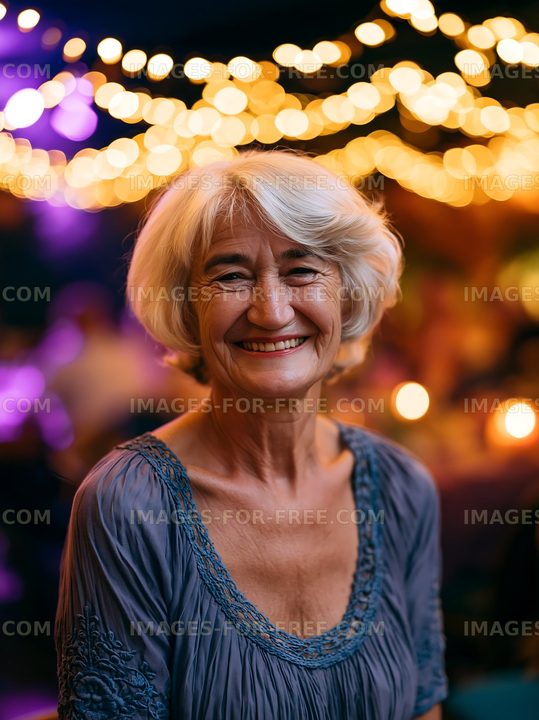 Smiling woman with gray hair in a festive setting