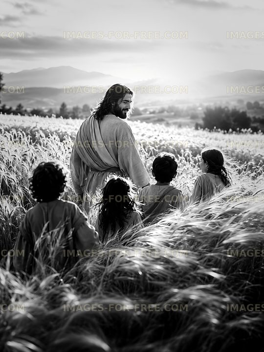Walking through a field with children at sunset