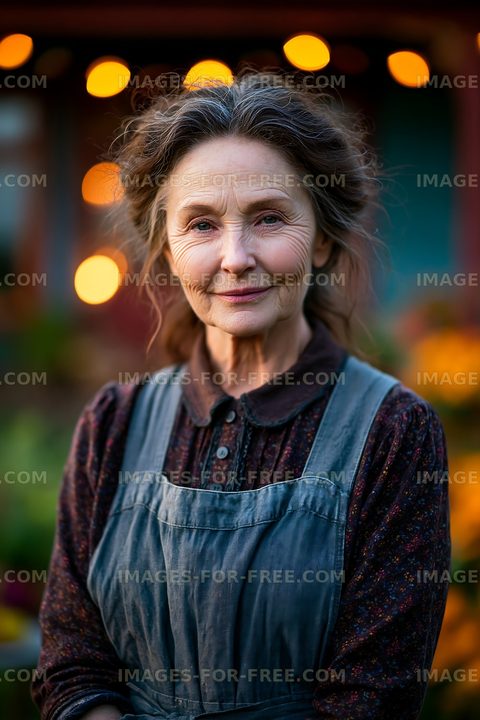 Elderly woman standing outdoors with soft lighting in the background