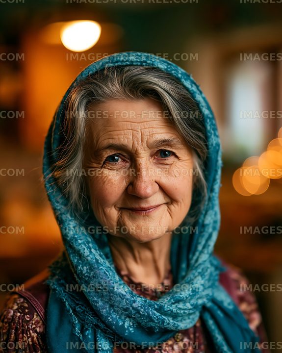 Elderly woman with scarf in warmly lit indoor setting