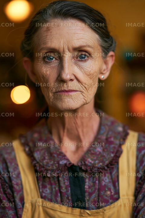Woman with serious expression and worn features in indoor setting