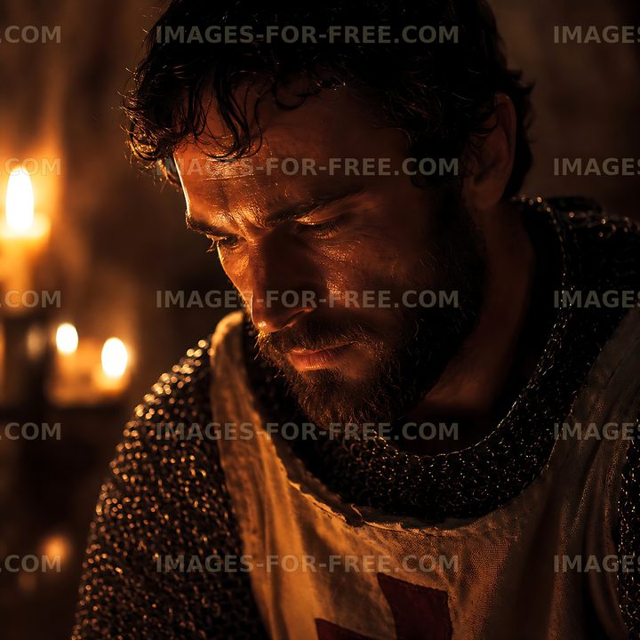 Knight in armor with candles in background