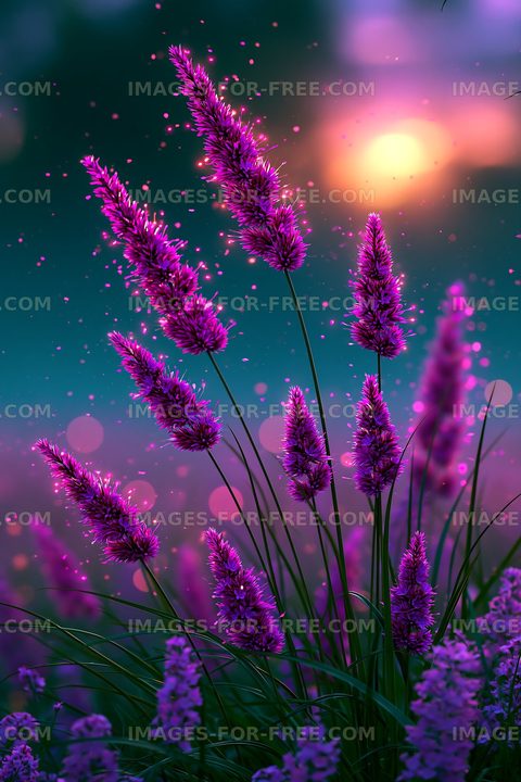 Purple flowers swaying in the breeze during sunset
